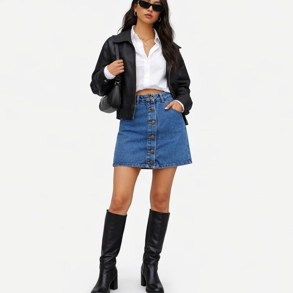 Y2K Denim Mini Skirt Button Front A Line Blue Jean Skirt High Waist Forever 21 M